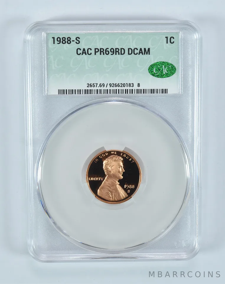 1988-S Lincoln Memorial Cent PR69 RD DCAM CAC CACg