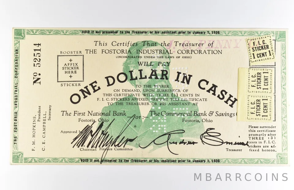 1936 $1 Fostoria OH Industrial Corporation Obsolete Note *8577