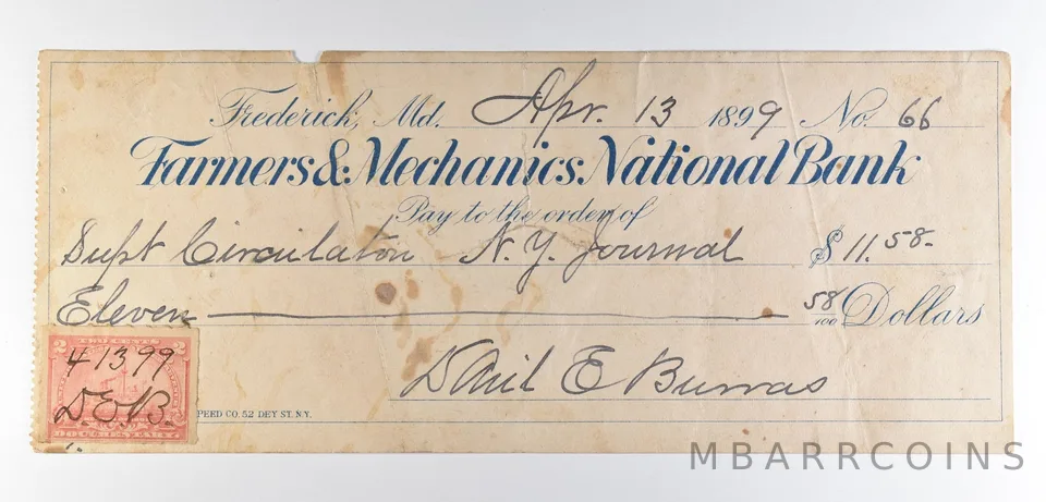 1899 Frederick MD Farmers & Mechanics Bank Check $11.58 *8544