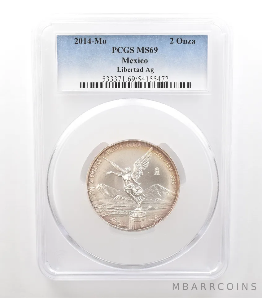 2014 Mo Mexico 2 Onza Silver Libertad MS69 PCGS Peripheral Tone a3639