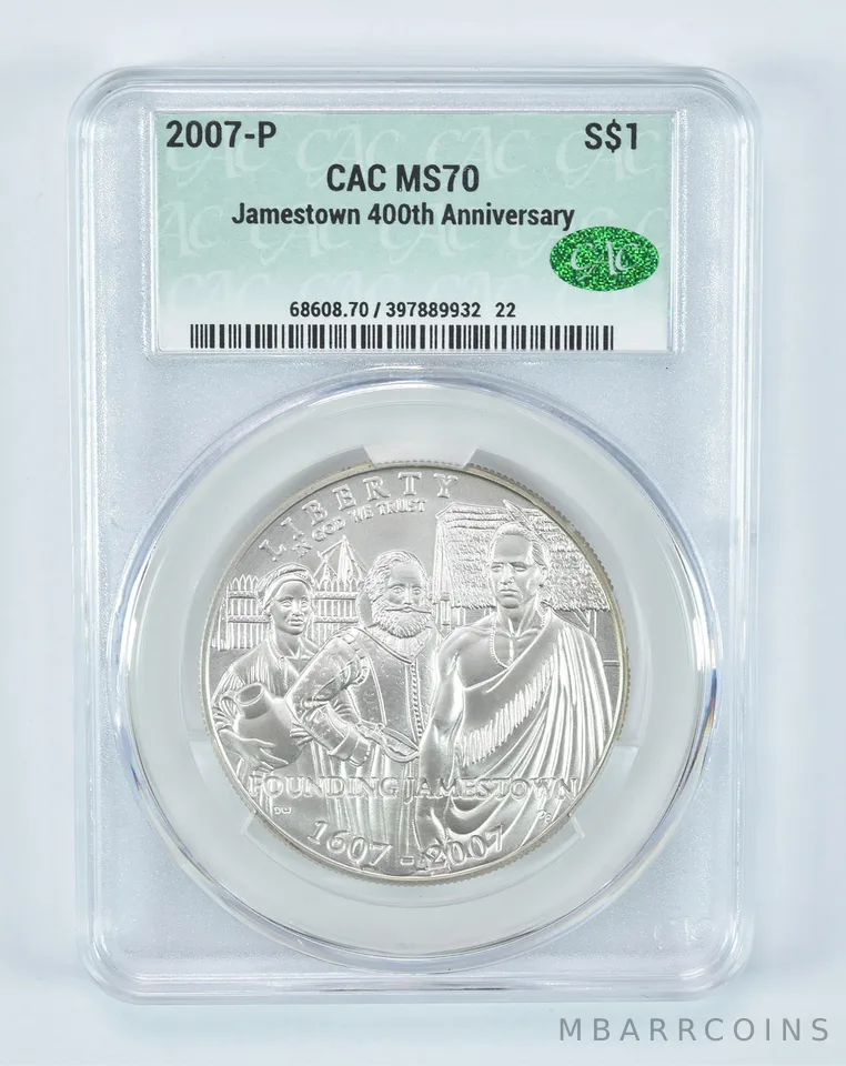 2007-P Jamestown Commemorative Silver Dollar MS70 CAC CACg