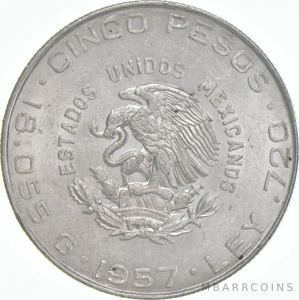 1957 Mo Mexico 5 Pesos Hidalgo .720 Silver AU