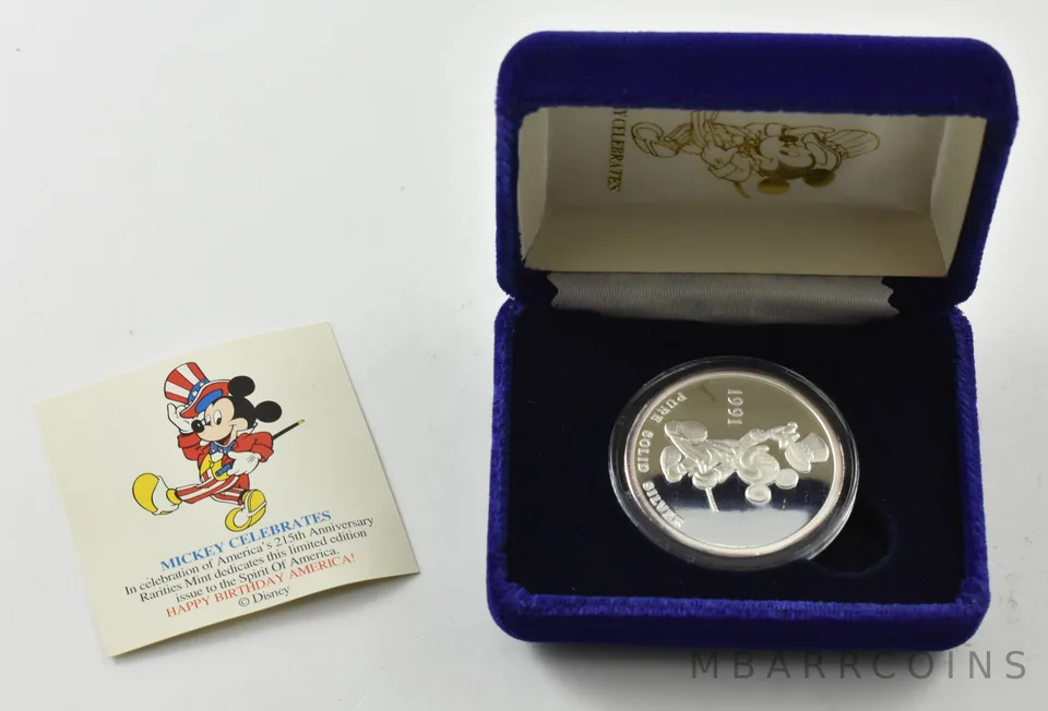 1 Oz Silver Art Round Disney Mickey Mouse 4th Of July w/COA + Packaging