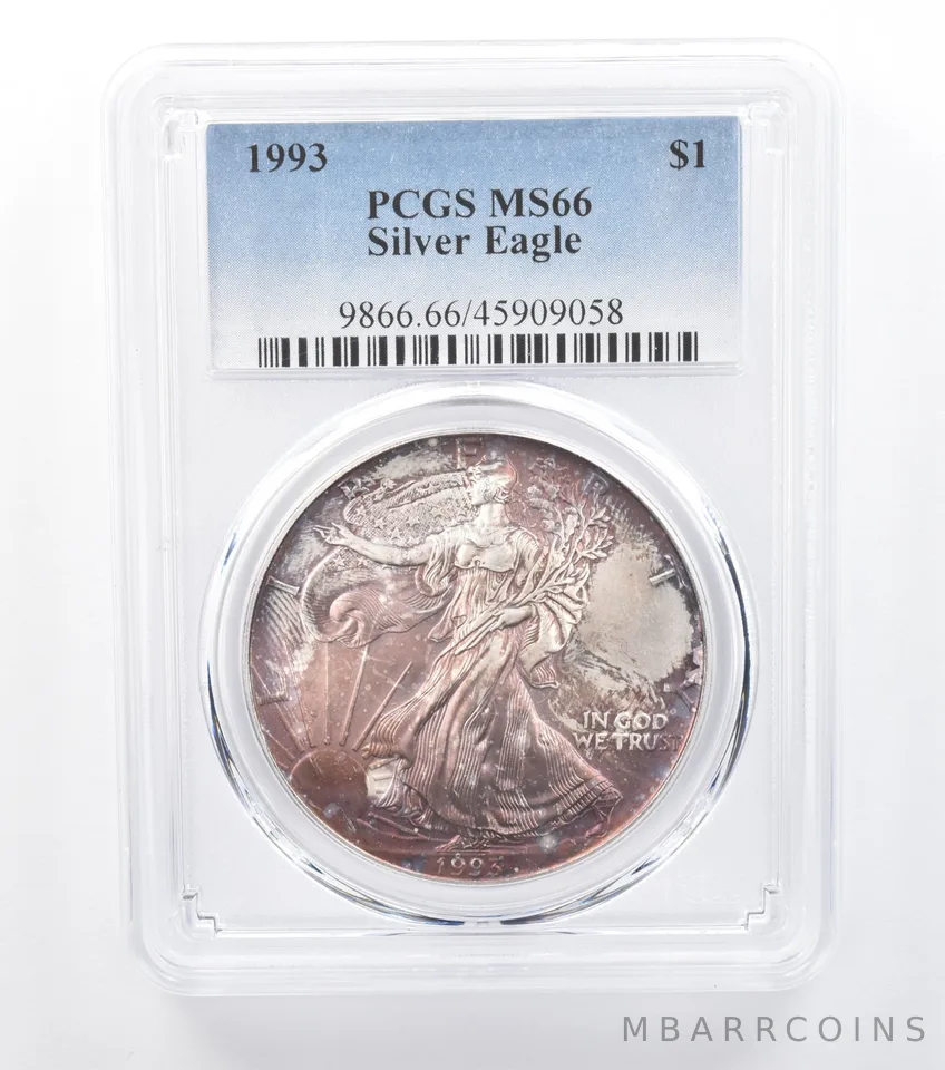 1993 American Silver Eagle MS66 PCGS Purple Mottled Tone *7792