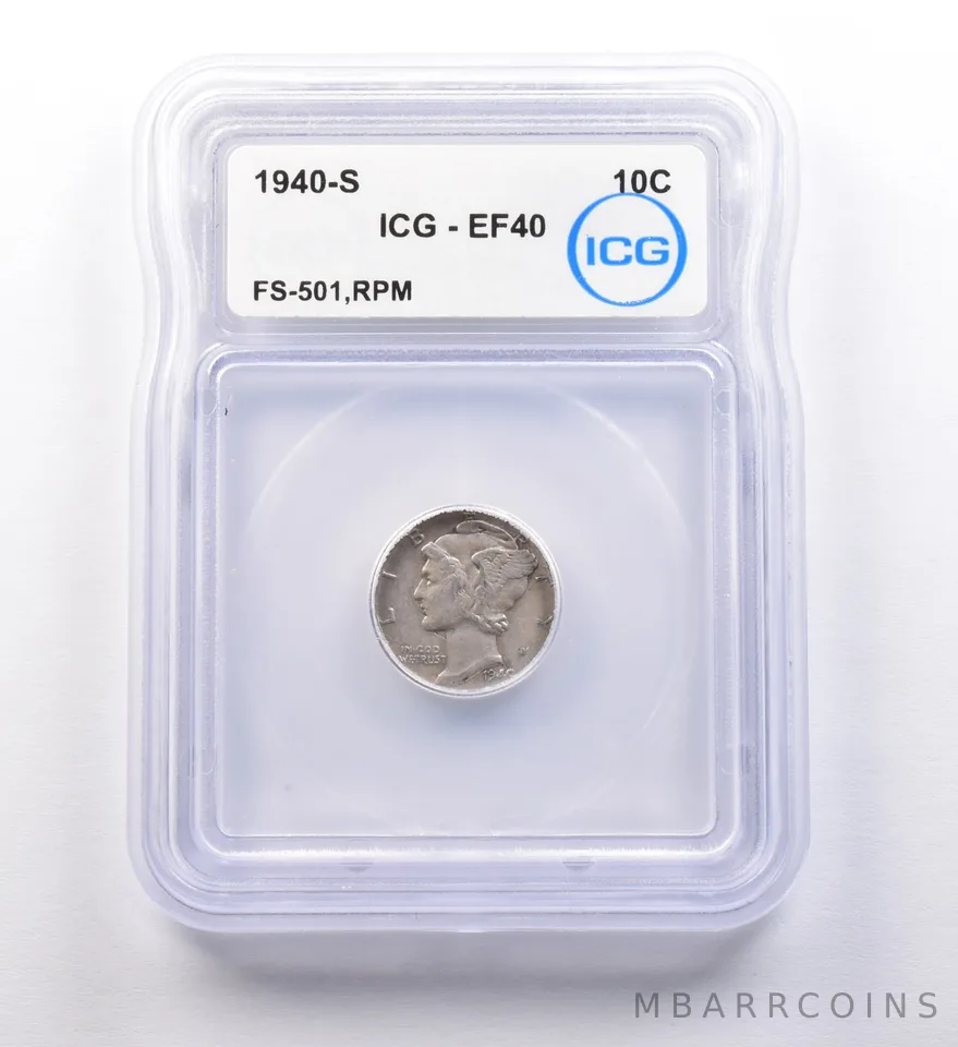 1940-S Mercury Dime FS-501 RPM EF40 ICG *9729