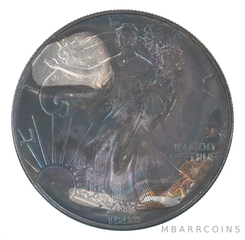 Beautiful Toned - 1992 American Silver Eagle 1 Troy Oz .999 Fine Silver *104