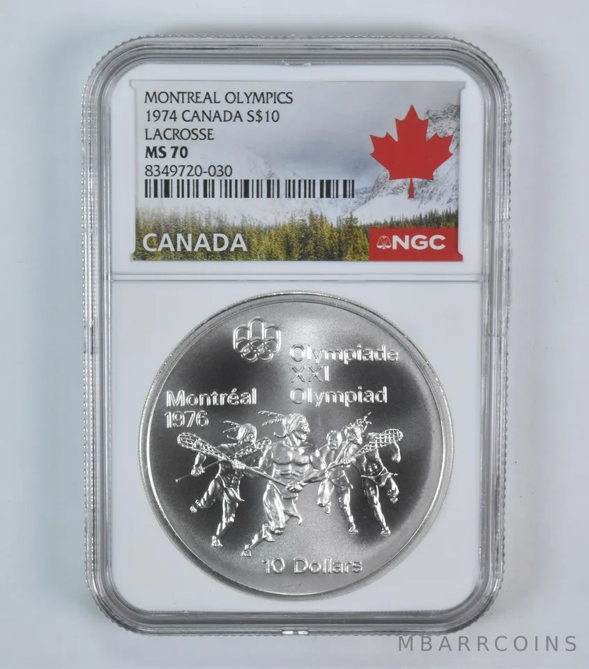 1974 Canada 10 Dollars Silver Olympic Lacrosse MS70 NGC Canada Lbl