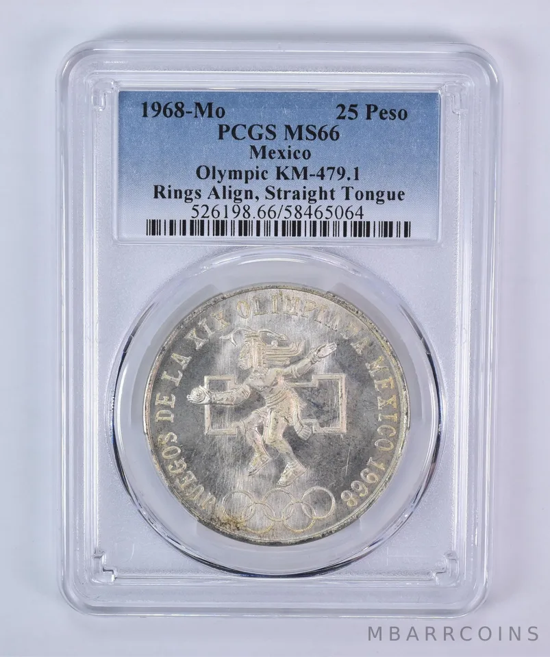 1968 Mo Mexico 25 Pesos Silver Olympic Align Straight Tongue KM-479.1 MS66 PCGS