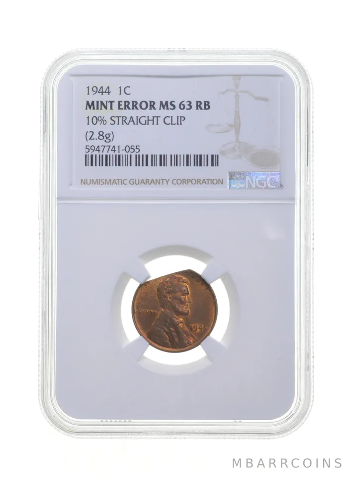 MS63 RB MINT ERROR 1944 Lincoln Wheat Cent 10% Straight Clip (2.8g) - NGC *4258