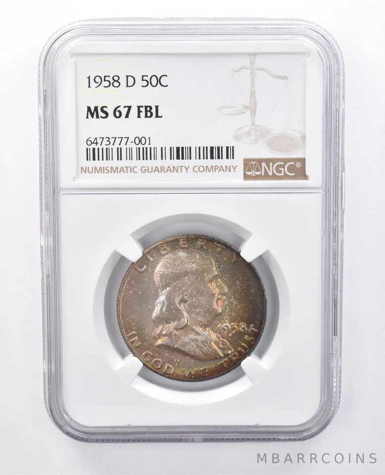 1958-D Franklin Half Dollar MS67 FBL NGC Rainbow Tone *7906