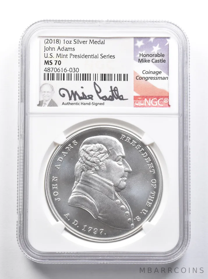 MS70 (2018) 1 Oz Silver Medal Adams US Presidential Series Mike Castle NGC *8370