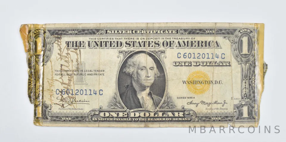 1935-A $1 US Silver Cert. Yellow Seal Short Snorter North Africa Note a8030