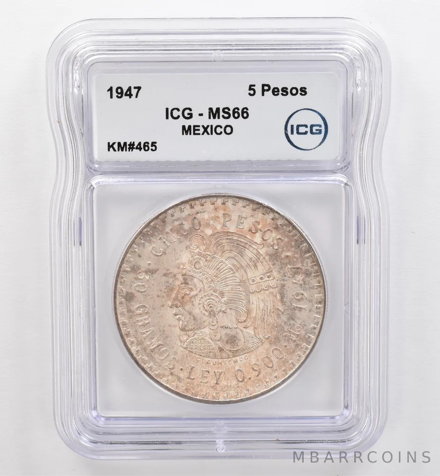 1947 Mo Mexico 5 Pesos KM#465 MS66 ICG Beautiful Tone *9497