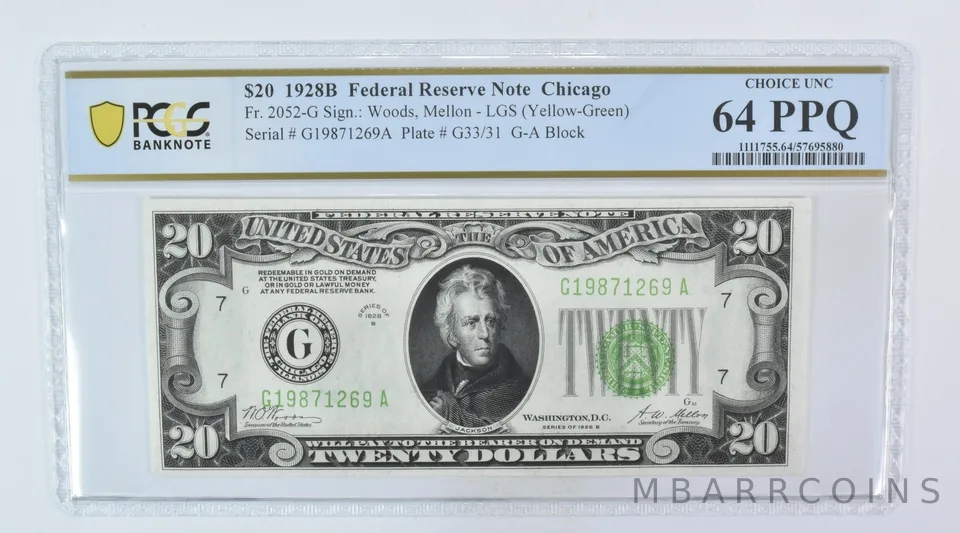 1928 B $20 Chicago IL FRN Fr#2052-G Choice Unc 64 PPQ PCGS a5989
