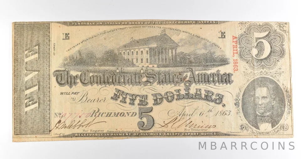 1863 $5 Richmond VA Confederate States Of America Obsolete Note *3887