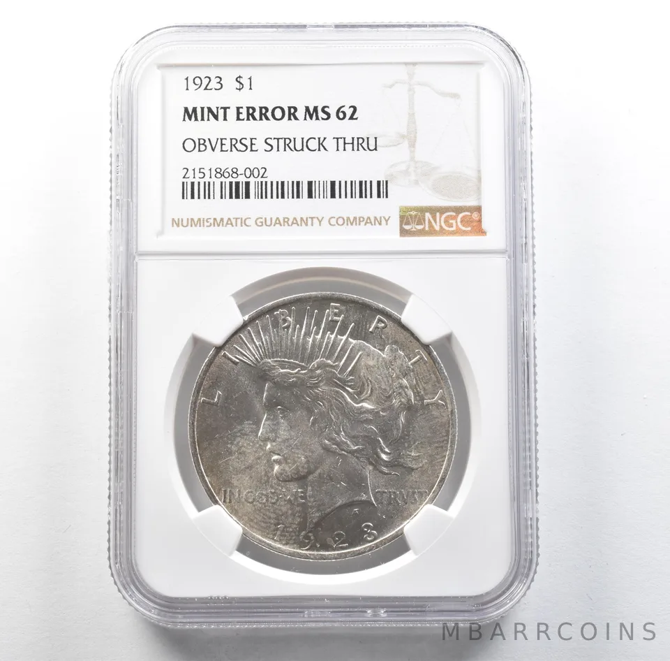 1923 Peace Silver Dollar Mint Error Obverse Struck Thru MS62 NGC *3171