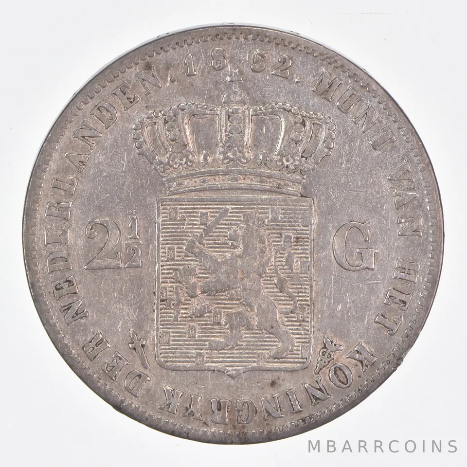 Better Date - 1862 Netherlands 2 ½ Gulden World Coin- Silver *520