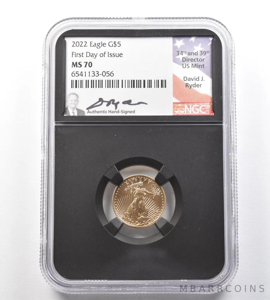 2022 $5 American Gold Eagle David Ryder FDOI 1/10 Oz Gold MS70 NGC *0997