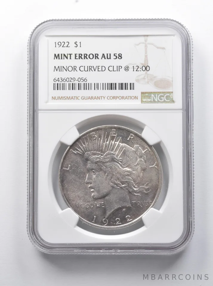 Error AU58 1922 Peace Silver Dollar Minor Curved Clip @ 12:00 NGC *7910