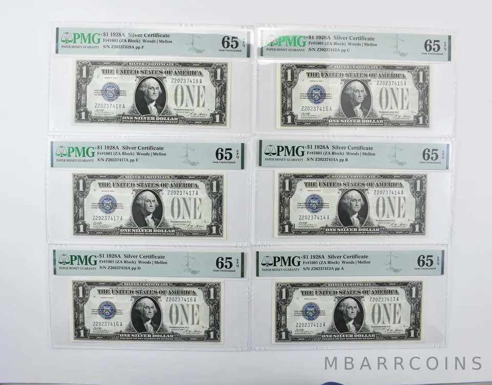 (6) 1928 A $1 Silver Certificate Fr#1601 GU 65 EPQ PMG Consecutive Serial a7049