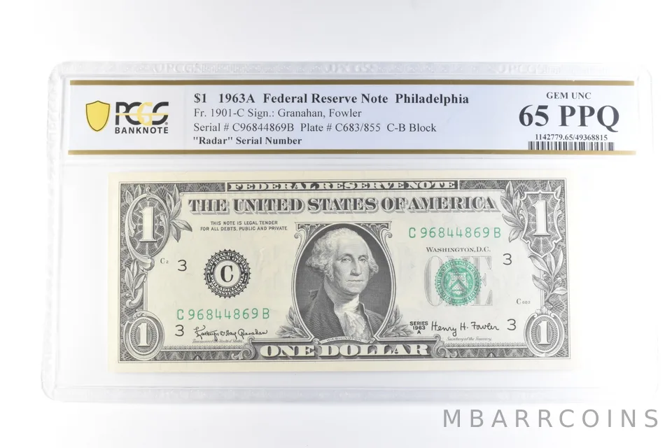 1963 A $1 Philadelphia PA FRN Fr#1901-C Radar Serial Gem Unc 65 PPQ PCGS a6096