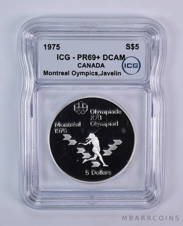 1975 Canada 5 Dollars Silver Montreal Olympics Javelin PR69+ DCAM ICG