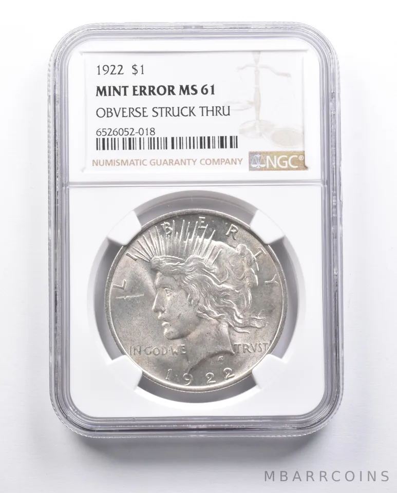 MS61 1922 Peace Silver Dollar Mint Error OBV Struck Thru NGC *6623