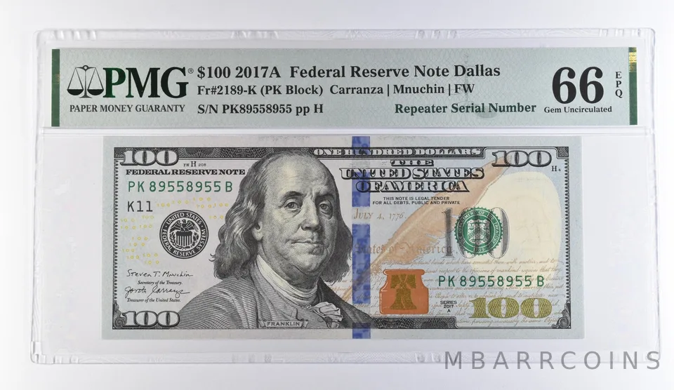 2017 A $100 Dallas TX FRN Repeater S/N Fr#2189-K Gem Unc 66 EPQ PMG *9474