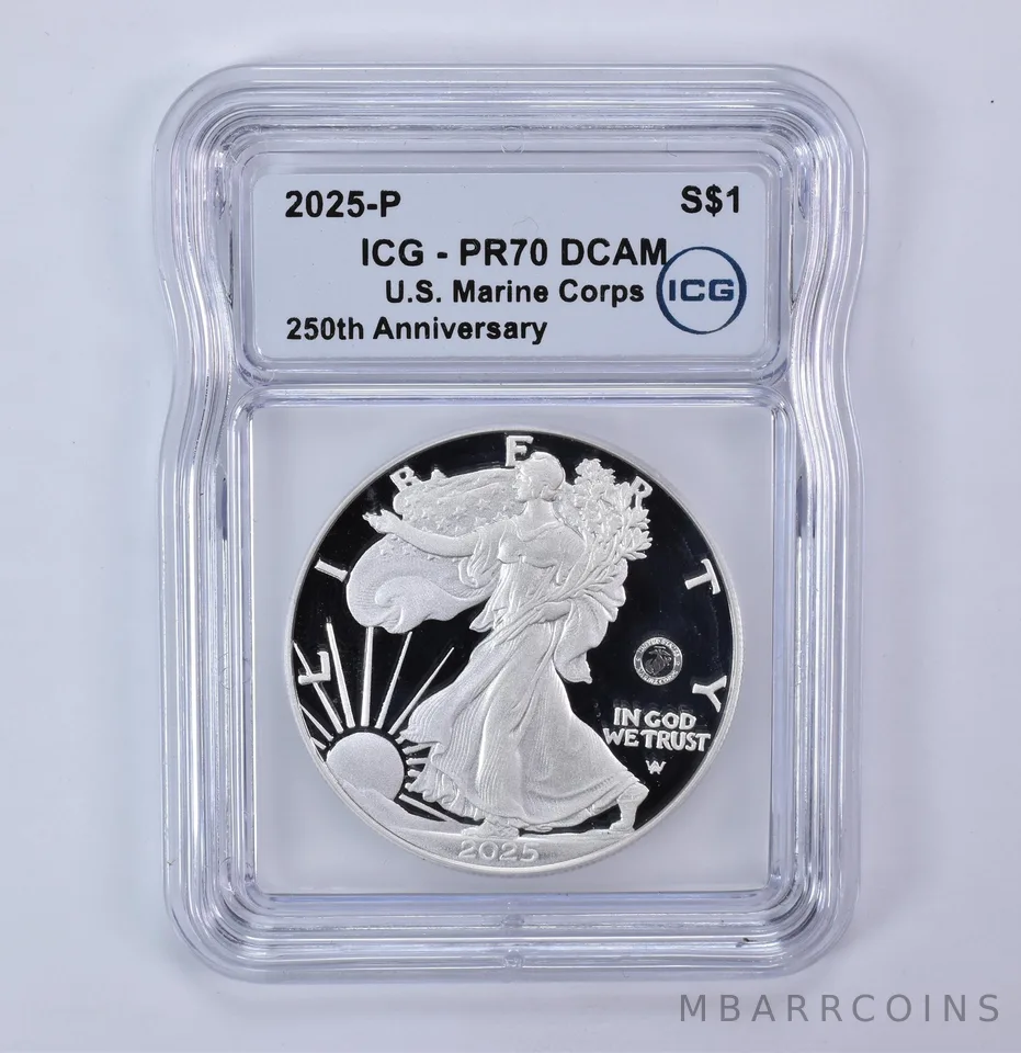 2025-P American Silver Eagle Marine Corps 250th Anniversary PR70 DCAM ICG