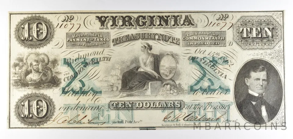1862 $10 Richmond VA Treasury Note Obsolete Note *8757