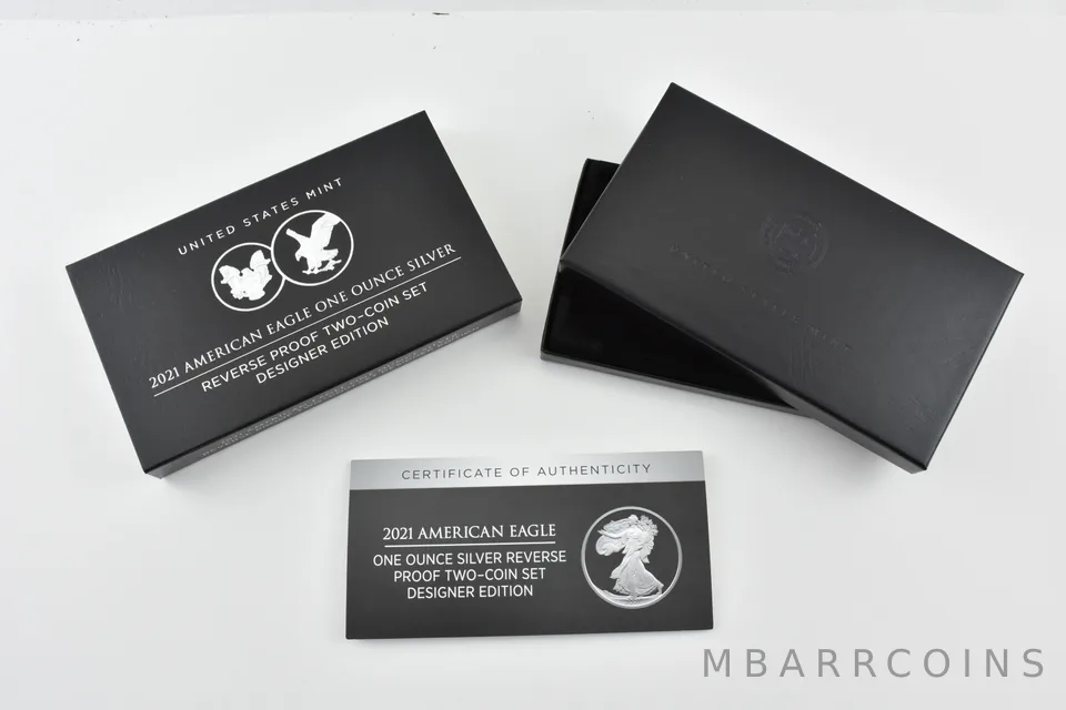 OGP 2021 Silver Eagle Rev Proof 2-Coin Set DESIGNER Ed BOX & COA - NO COINS