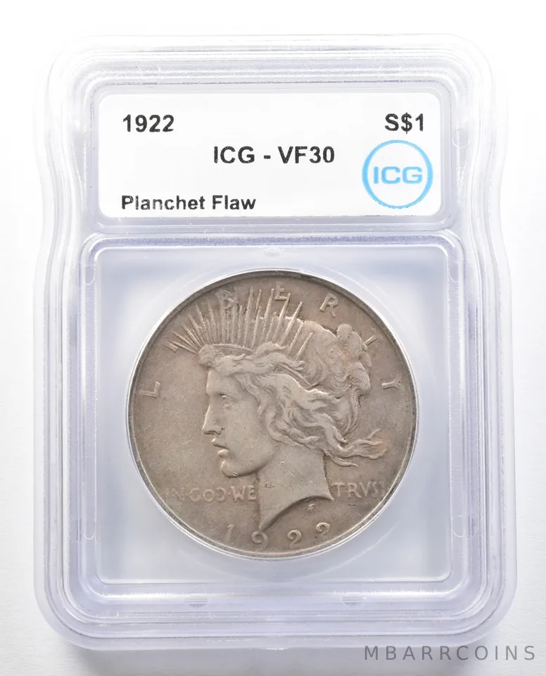 1922 Peace Silver Dollar Mint Error Planchet Flaw VF30 ICG *0115