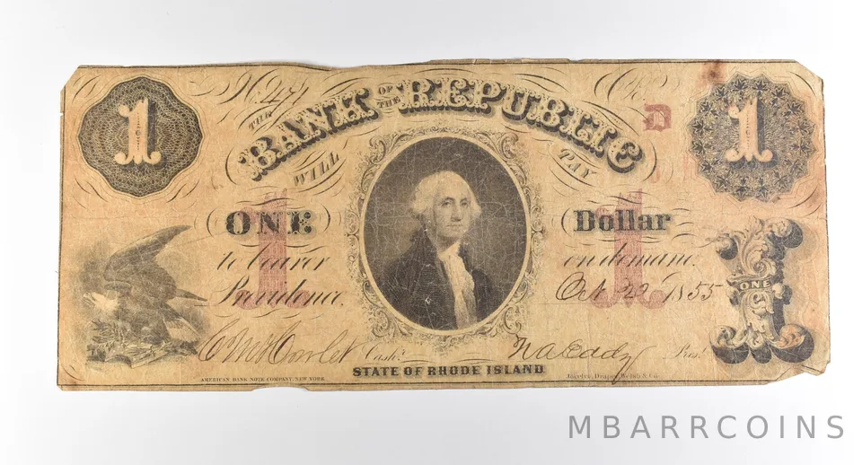 1855 $1 Rhode Island Bank Of The Republic Obsolete Note *3754