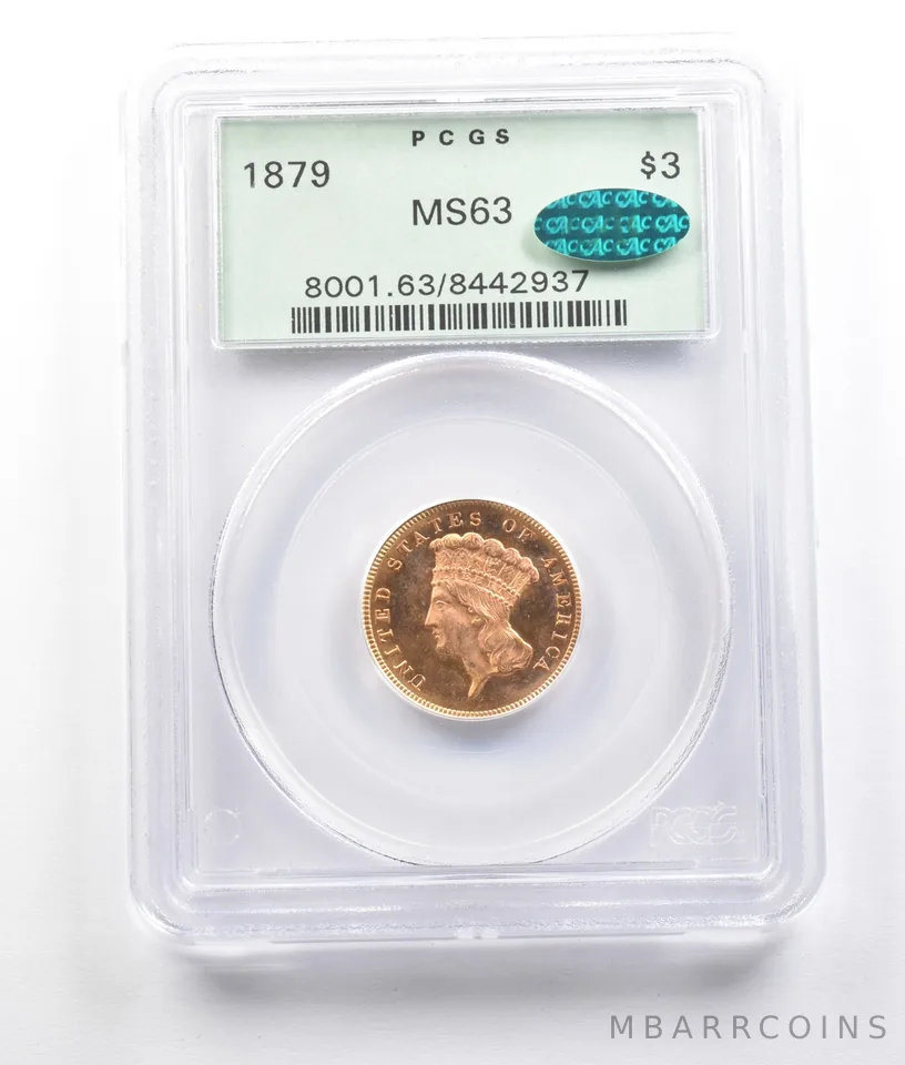 1879 $3 Indian Princess Head Gold Three Dollars MS63 PCGS OGH CAC *2776