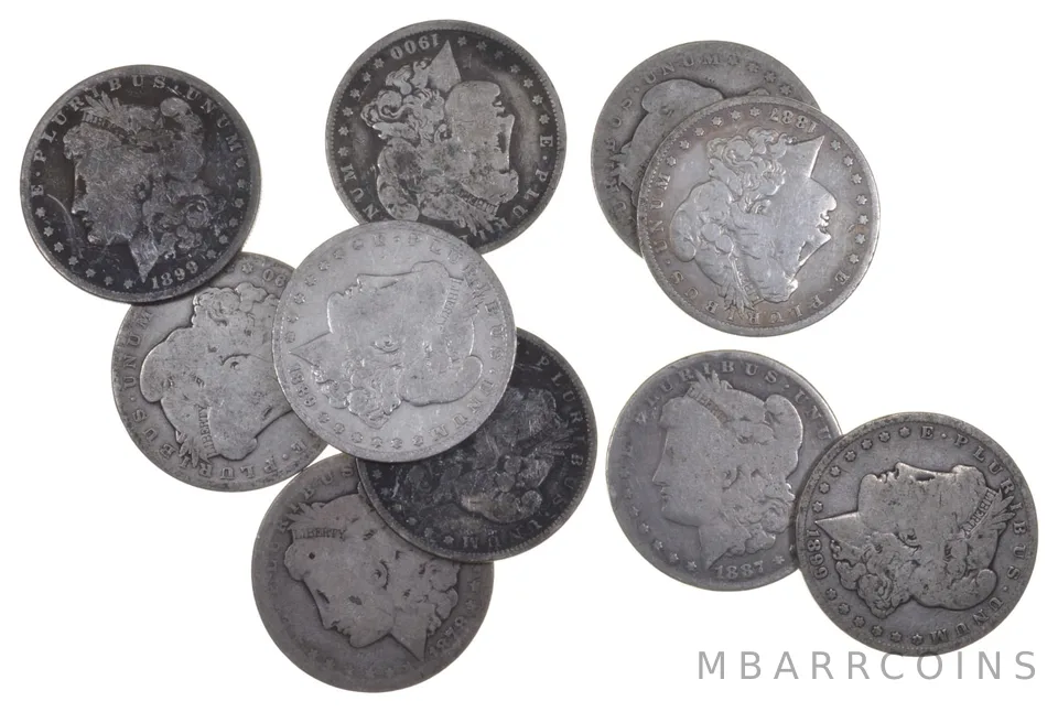 Lot (10) Morgan Silver Dollars 1878-1904 $10 Roll Face 90% Collection