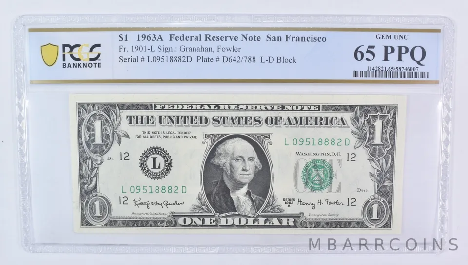 1963 A $1 San Francisco CA FRN Fr#1901-L Gem Unc 65 PPQ PCGS