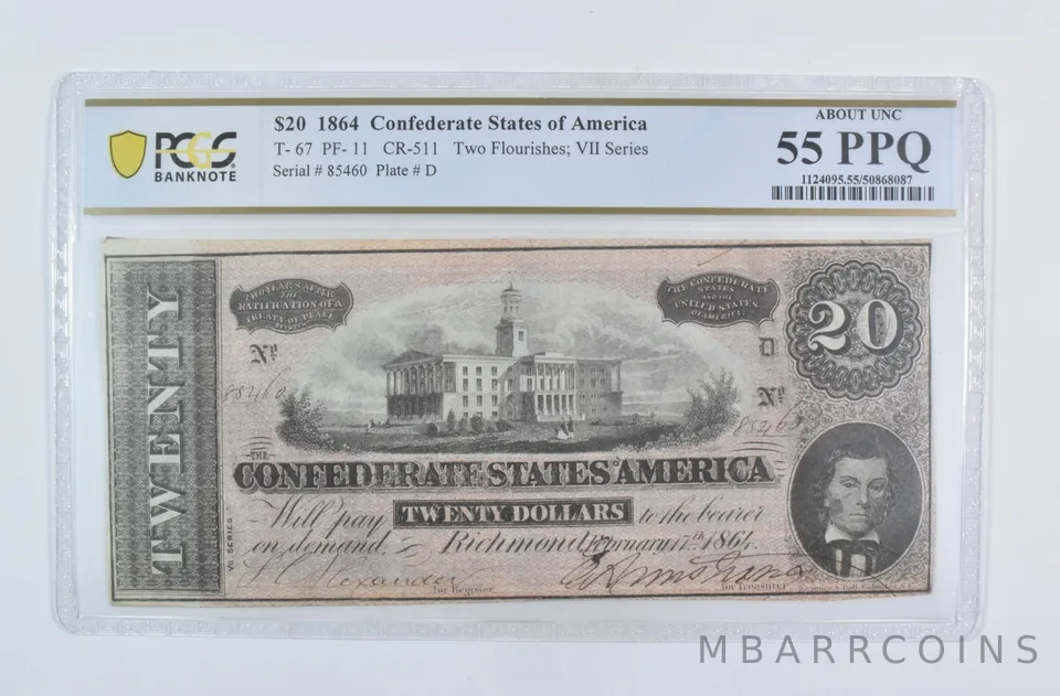 1864 $20 Confederate States T-67 PF-11 CR-511 About Unc 55 PPQ PCGS a5867