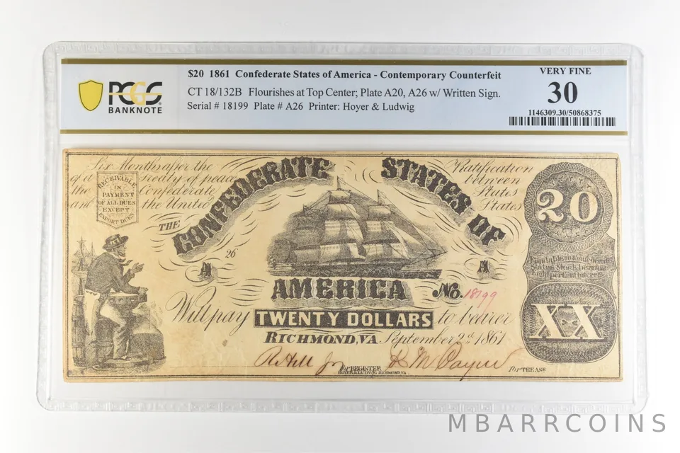 1861 $20 Confederate States Of America CT 18/132B Very Fine 30 PCGS *4466