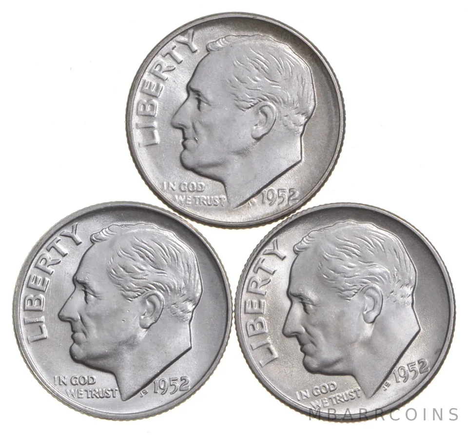 Choice Unc 1952 P+D+S Roosevelt Dime Gem BU Collection Lot Set
