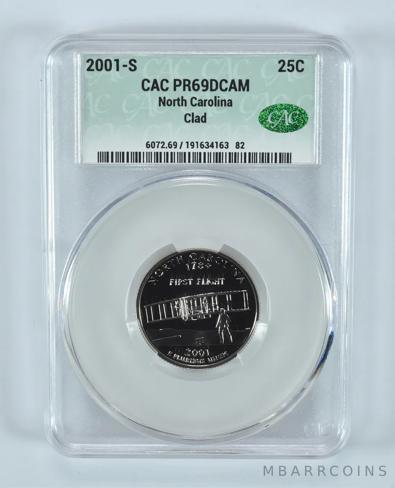 2001-S Washington State Quarter North Carolina CLAD PR69 DCAM CAC CACg