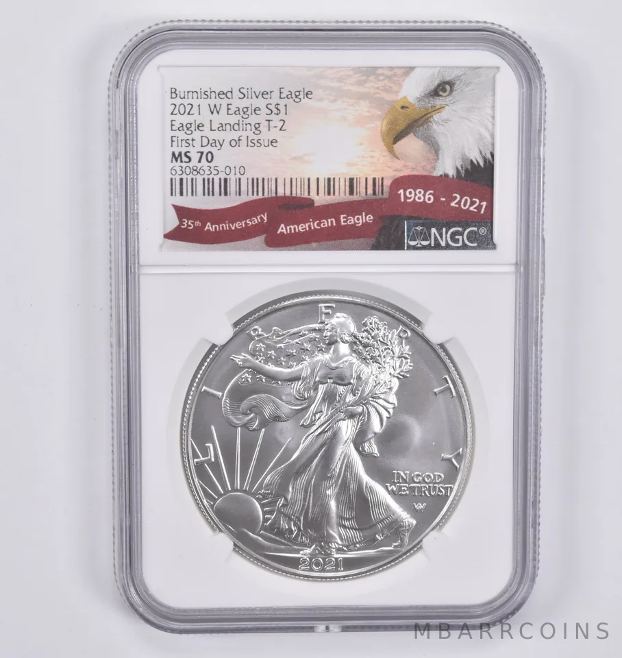 MS70 2021-W Burnished Silver Eagle Eagle Landing T-2 FDOI NGC *2559