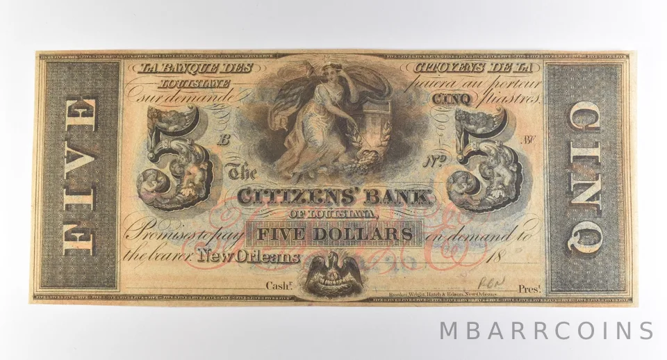 1800s $5 New Orleans LA Citizens' Bank Obsolete Note *3794