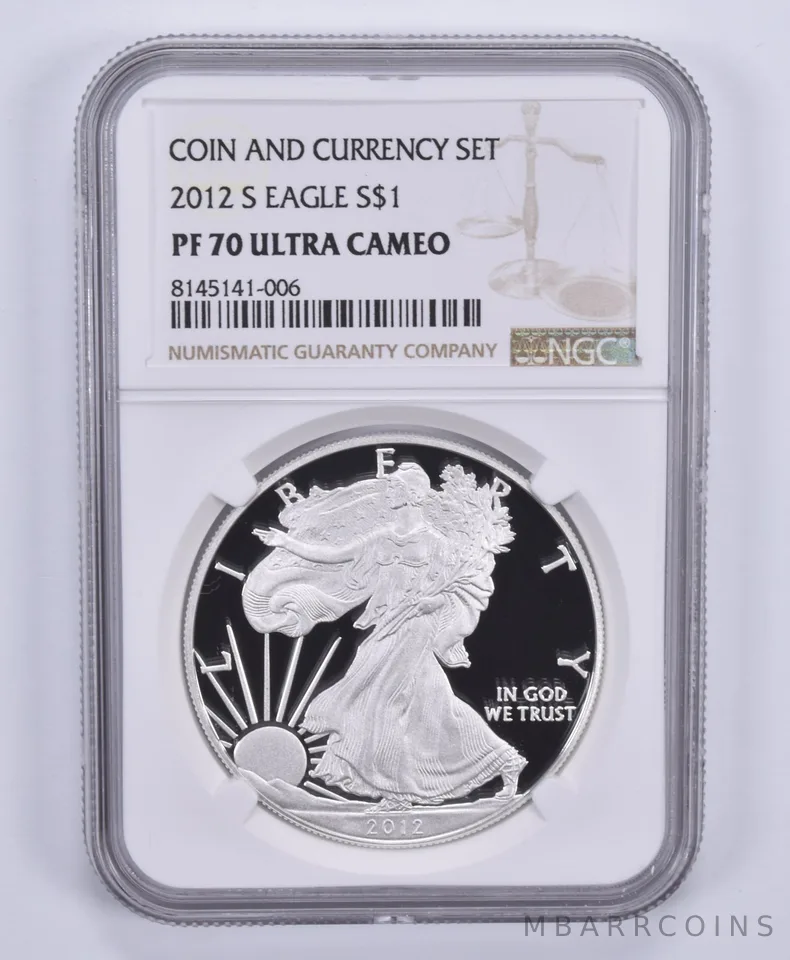 2012-S American Silver Eagle Coin And Currency Set PF70 UCAM NGC