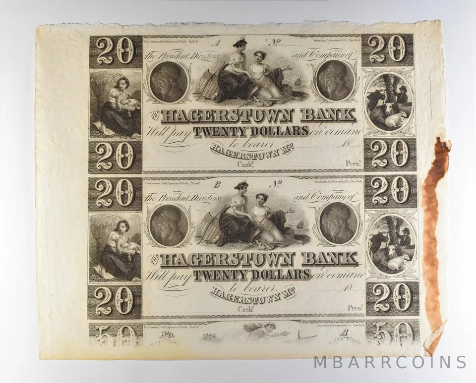 Lot (2) 1800s $20 Hagerstown MD Bank Obsolete Note Uncut *8700
