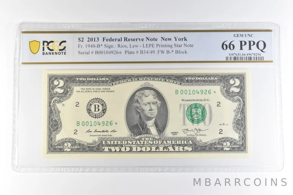2013 $2 New York NY FRN Fr#1940-B* LEPE Printing Star Note 66 PPQ PCGS *0659