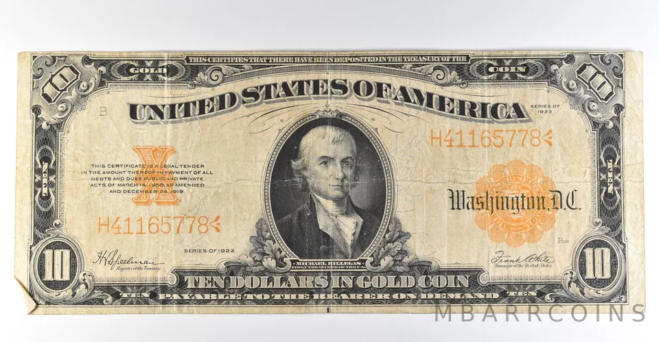 1922 $10 Gold Certificate Large Note Yellow Seal *8363