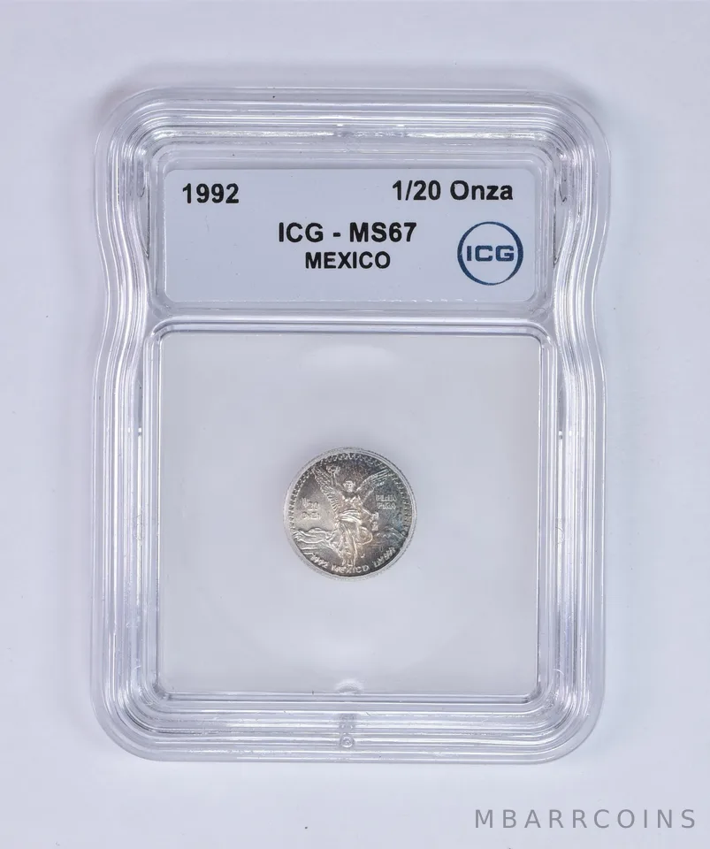 1992 Mo Mexico 1/20 Onza Silver Libertad MS67 ICG Beautiful Tone *7978
