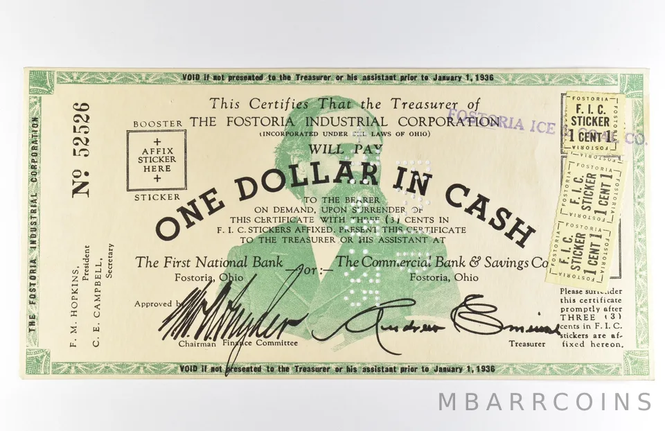 1936 $1 Fostoria OH Industrial Corporation Obsolete Note *8573