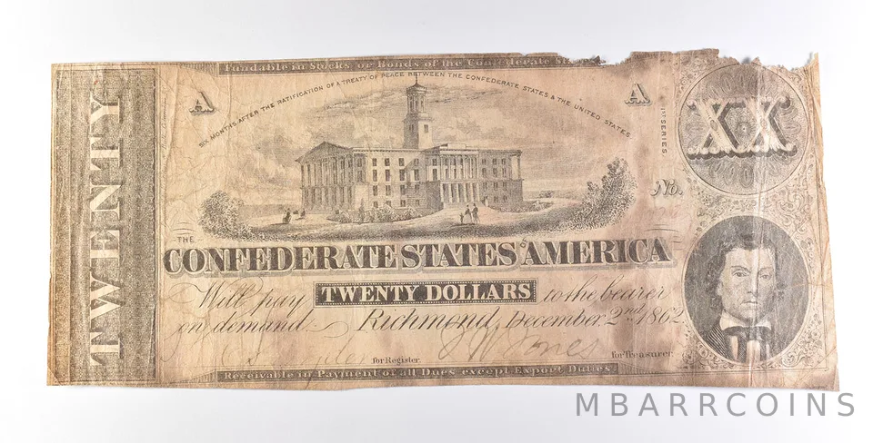 1862 $20 Confederate States Of America Note T51 *7275