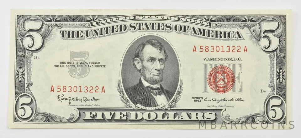 $5 1963 RED SEAL Legal Tender Choice Unc Note